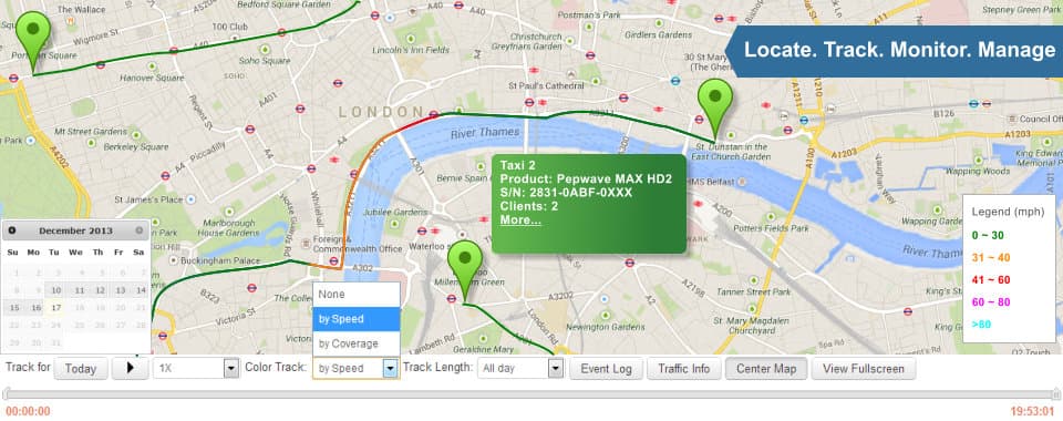 InControl 2 fleet tracking — suivi GPS d'un véhicule Pepwave MAX HD2 avec historique de trajet colorisé par vitesse