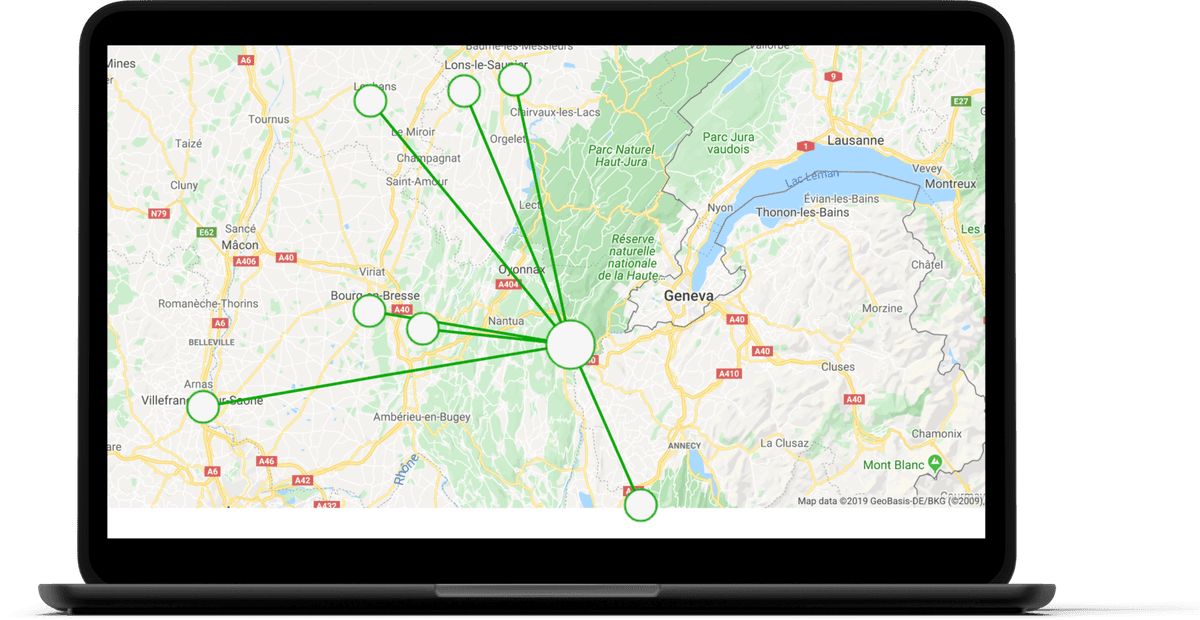 InControl 2 — topologie VPN SpeedFusion hub-and-spoke avec sites distants connectés depuis la carte