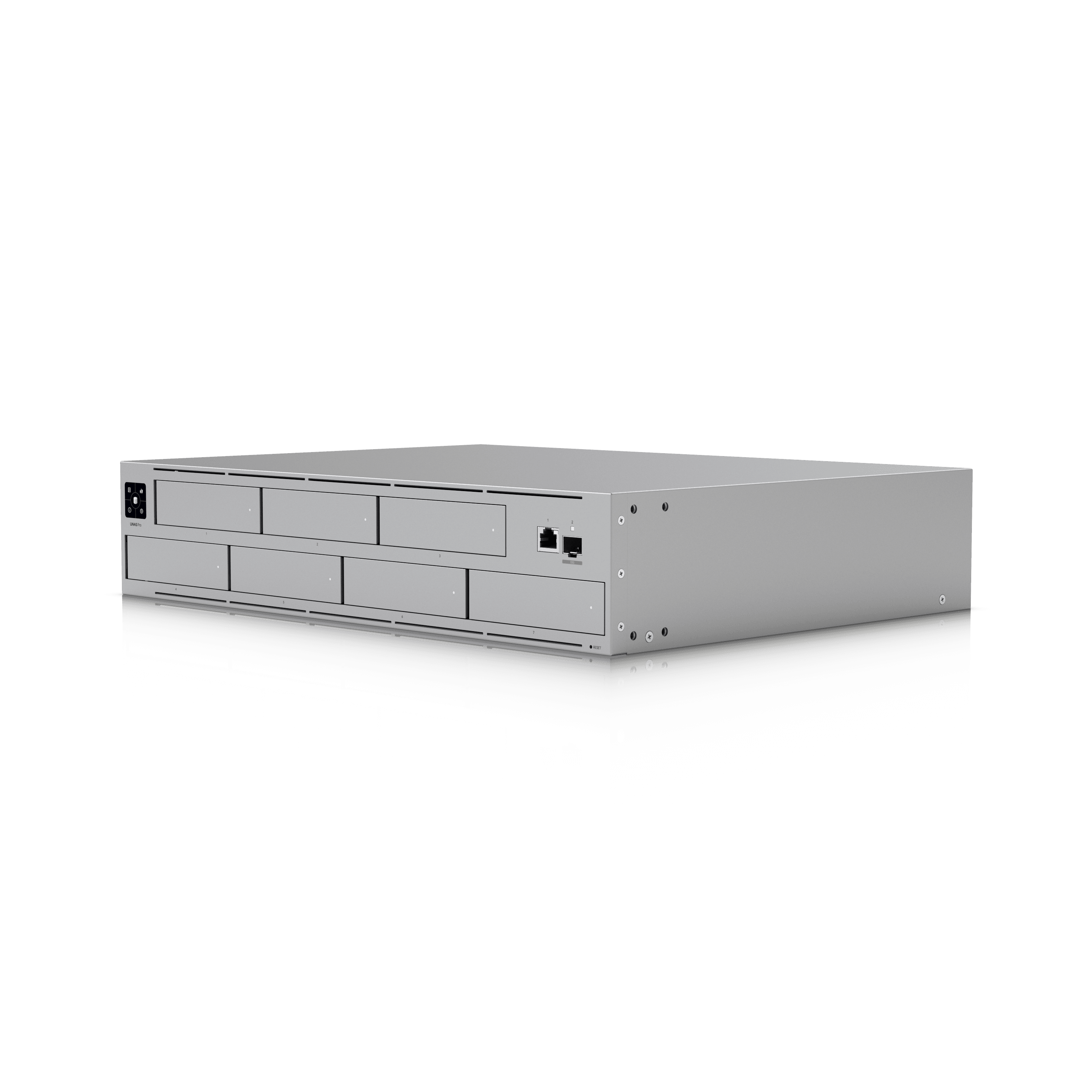 UniFi UNAS Pro — NAS 7 baies format rack, cache NVMe, RAID et partages intégrés. Disponible chez UBSM, distributeur Ubiquiti au Maroc.