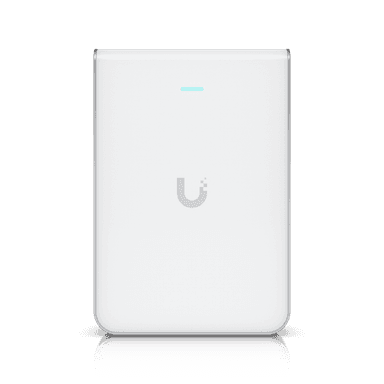 UniFi U7 Pro Wall — Point d'accès WiFi 7 mural avec switch 4 ports GbE intégré et prise PoE passthrough. Disponible chez UBSM au Maroc.