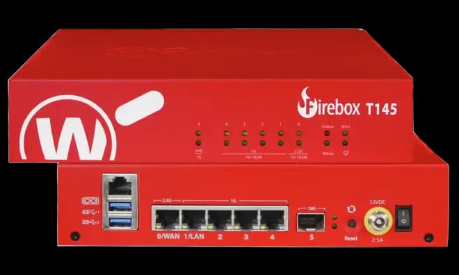WatchGuard Firebox T145 — Firewall UTM | WatchGuard WatchGuard Firebox T145 — Firewall UTM fanless avec 10 GbE SFP+ pour PME jusqu'à 50 utilisateurs au Maroc.