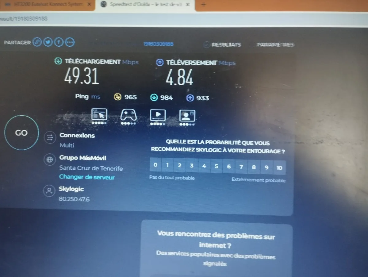 Test de débit VSAT Hughes HT3200 : 49 Mbps download sur Eutelsat Konnect